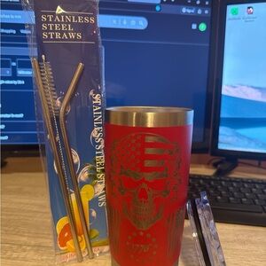 Patriotic Red Stainless Steel Tumbler with Skull Design